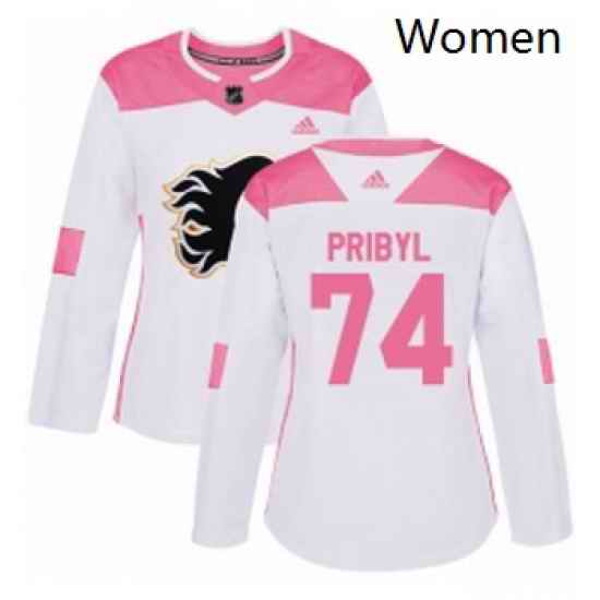 Womens Adidas Calgary Flames 74 Daniel Pribyl Authentic WhitePink Fashion NHL Jersey